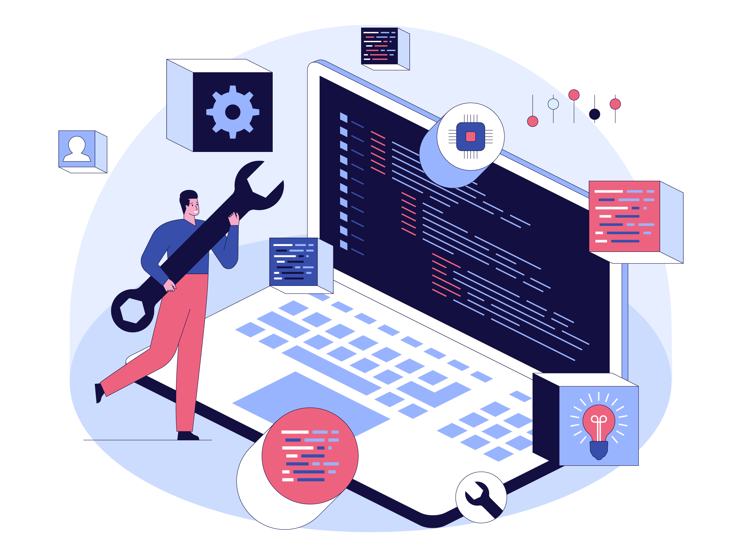 foto van computer met back end pictogrammen